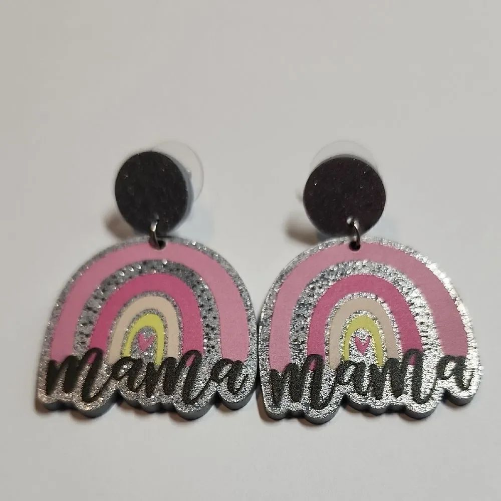 Pink and Silver 'Mama' Rainbow Earrings